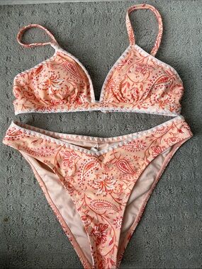 Peach Paisley Bikini Set with White Embroidered Trim